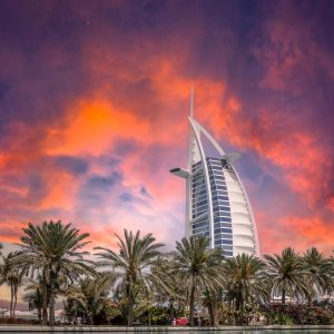 burj al arab, hotel, dubai, palm trees, sunset, sky, skyscape, afterglow, nature, dusk, twilight, building, architecture, modern architecture, luxury hotel, landmark, famous, uae, tourism, beach, beach hotel, luxurious, clouds, travel